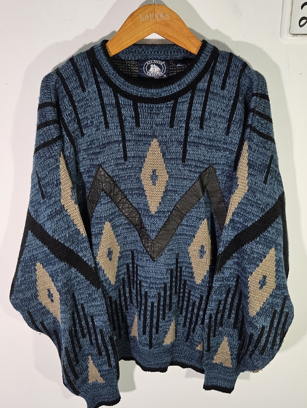 Vintage 90's Atlantic Traders Leather & Acrylic Knit Crewneck Sweater!